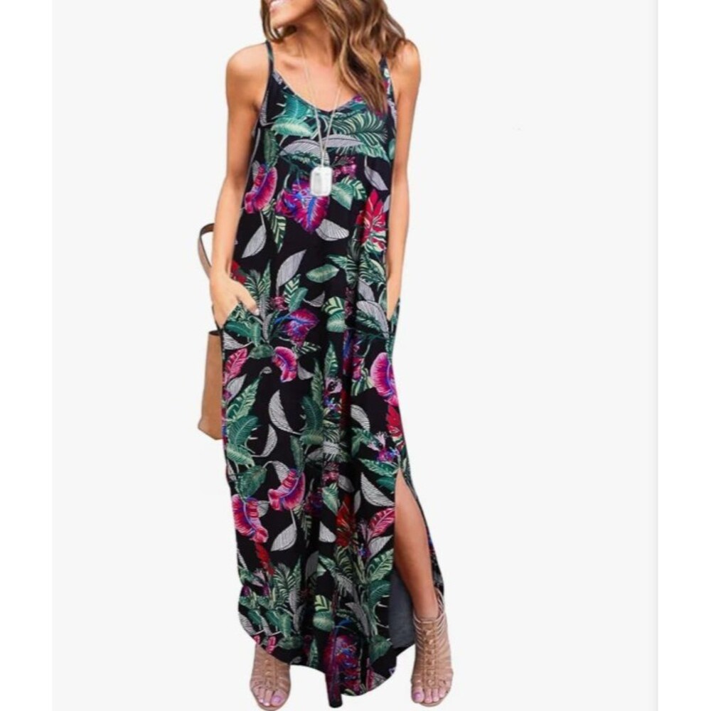 HUSKARY Black Floral Tropical Sleeveless Spaghetti Strap Maxi Dress Size Medium